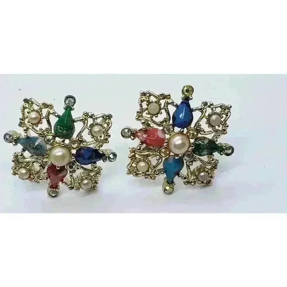 Vintage Sarah Coventry Galaxy Brooch Earrings Set MCM Swirl Glass Cabs AB Pearls - Picture 3 of 9